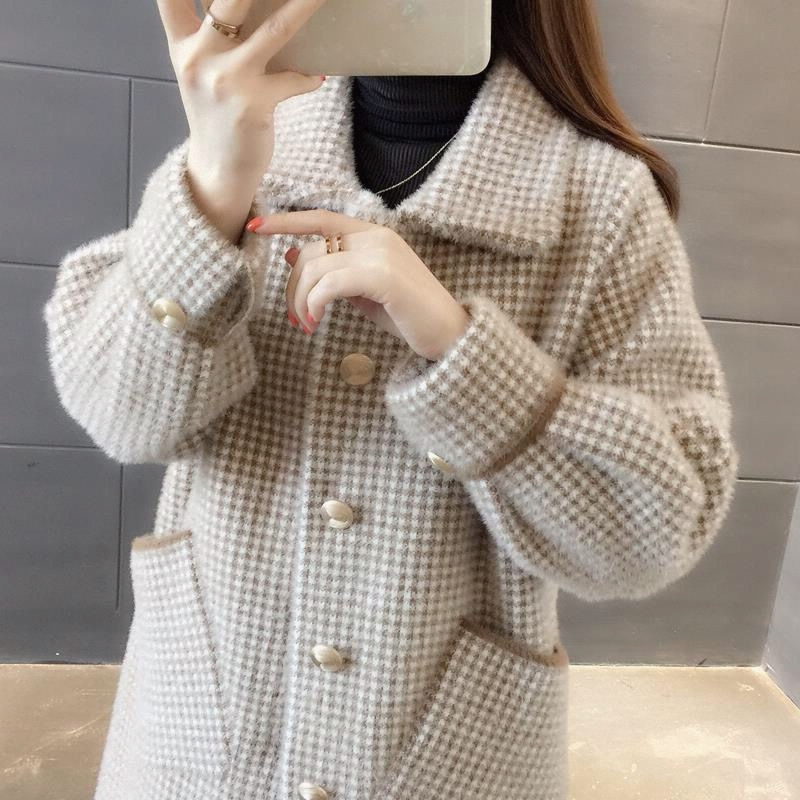 针织2025冬宽松秋韩版仿水貂绒女大码开衫中长款毛呢大衣新款外套