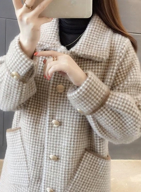 针织2026冬宽松秋韩版仿水貂绒女大码开衫中长款毛呢大衣新款外套