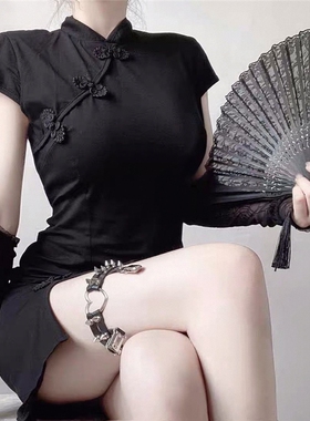 黑色旗袍年轻款2026新款少女改良版修身连衣裙子小个子短款女夏潮