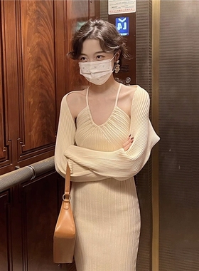 气质复古女妩媚针织套装连衣裙女春秋新款吊带裙开衫两件套气质款