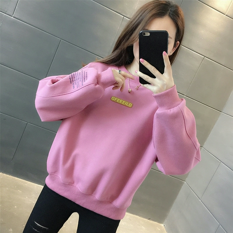 韩版/洋气秋冬外套上衣2025圆领不加绒卫衣女小个子宽松加绒新款