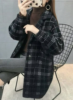 毛衣外套加厚女秋格子2025冬大衣中长款仿水貂绒针织韩版新款宽松