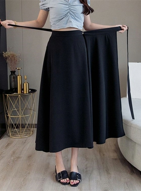 2026春夏纯色新款黑色系带一片式中长a字半身裙开叉垂感女裙子潮