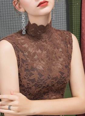 新款半高领蕾丝打底衫女修身内搭背心网纱洋气荷叶边无袖衫春夏季