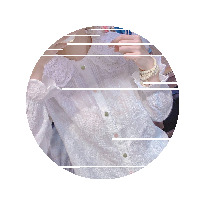 时尚欧货纽扣白娃娃领上衣喇叭袖彩色春秋洋气小衫蕾丝女衬衫百搭