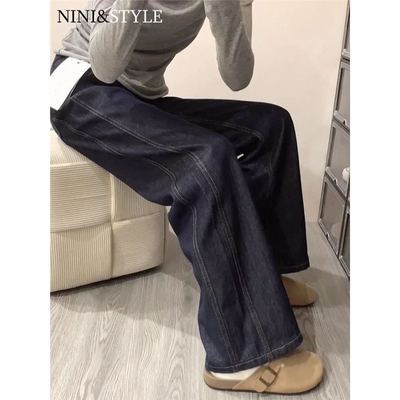 深蓝色丹宁加绒阔腿牛仔裤女秋冬2025年新款宽松高腰宽松直筒裤子
