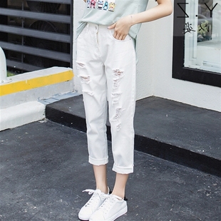 學(xué)生哈倫褲 子 2025新款 白色破洞牛仔褲 韓版 女褲 女寬松春夏季 九分褲