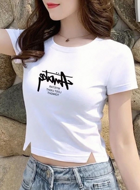 2026年白色短袖t恤女字母印花圆领修身显瘦短款上衣潮新款夏季