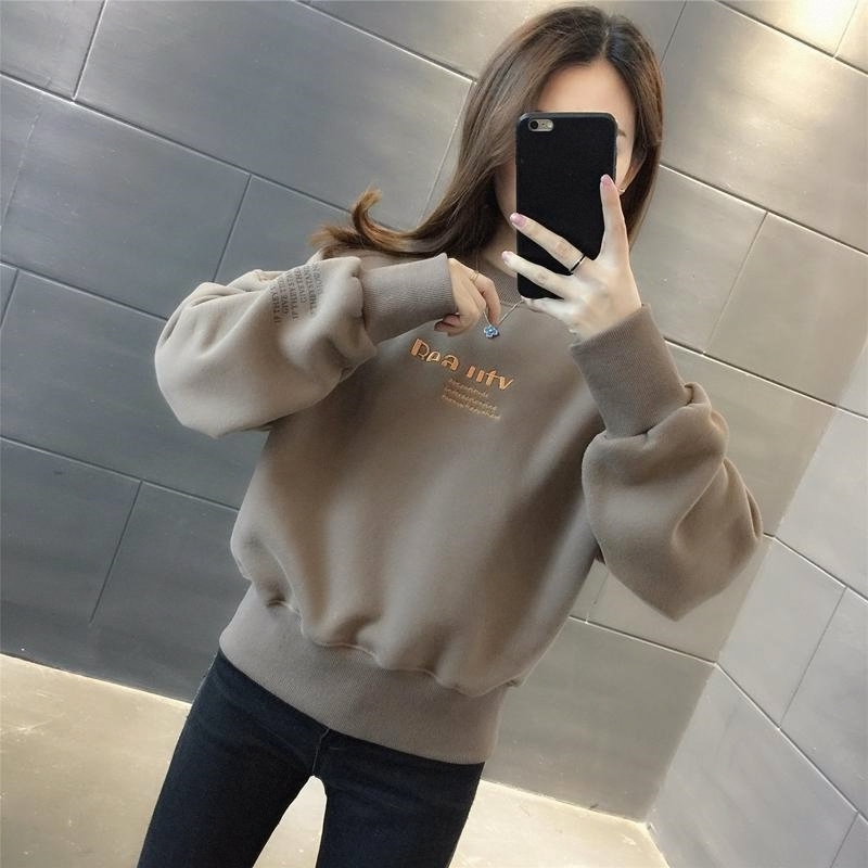 圆领韩版宽松卫衣女春秋季新款套头百搭2025加厚加绒字母时尚外套
