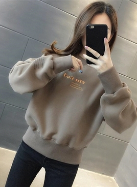圆领韩版宽松卫衣女春秋季新款套头百搭2025加厚加绒字母时尚外套