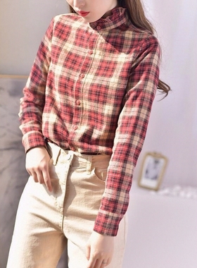 新款女衬衣木耳边冬2025内搭格子衬衫秋立领长袖磨毛加厚复古洋气
