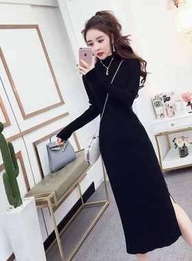 加厚秋冬季针织毛衣打底内搭中长款过膝黑色配大衣的裙子连衣裙女