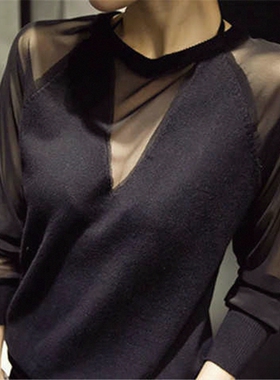 显瘦拼接T恤小衫性感春秋网纱2026打底大码上衣黑色新款长袖洋气