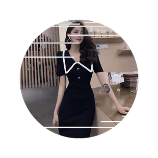 夏季很仙的中长款针织冰丝T恤裙子开叉收腰包臀性感娃娃领连衣裙