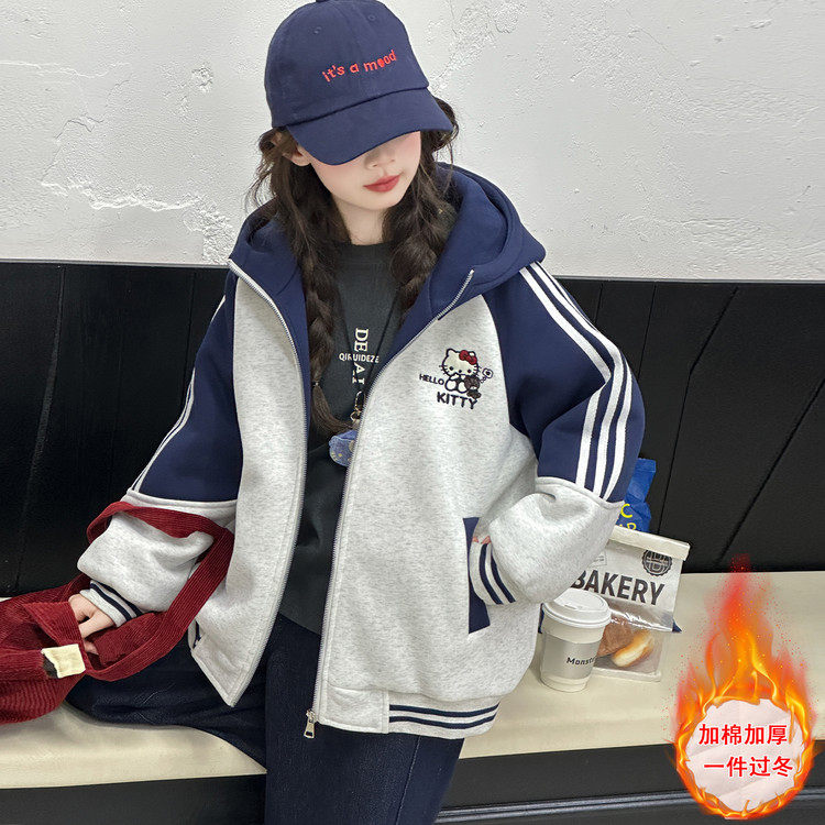 女童秋冬夹棉棒球服外套2025新款女大童加厚连帽卫衣开衫冬季外套