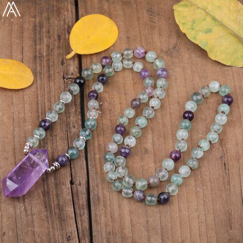 108 Mala Beads Natural Rainbow Fluorite Stone Yoga Necklace