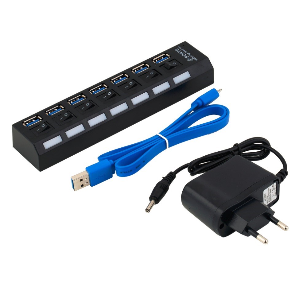 1pc 7Ports USB 3.0 Hub with On/Off Switch+EU AC Power Adapte