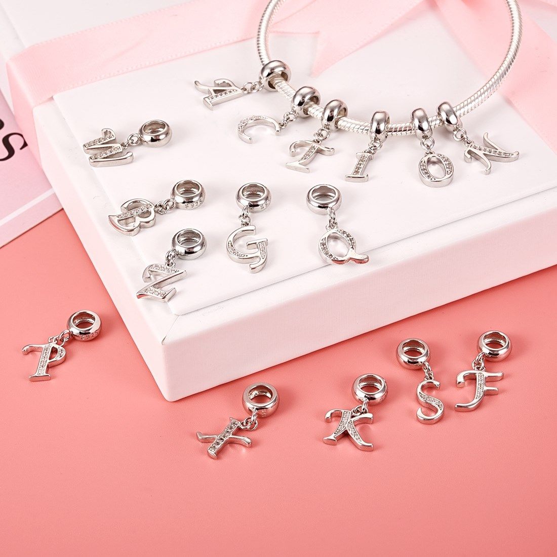 Jiayiqi A To Z Letter Charms 925 Sterling Silver CZ Beads Fi