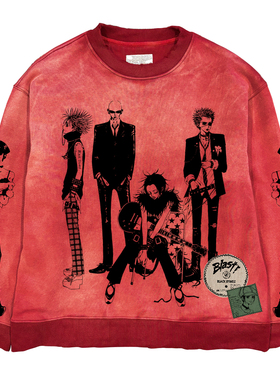 AT荒诞小镇  NANA深红色摇滚水洗做旧贴布圆领卫衣亚比二次元穿搭