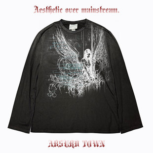 AT荒诞小镇 叛逆青年穿搭水洗做旧脏脏长袖PUNK朋克暗黑千禧风Y2K