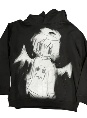 AT荒诞小镇 二次元anime动漫Y2K情侣款连帽卫衣亚比可爱穿搭黑白