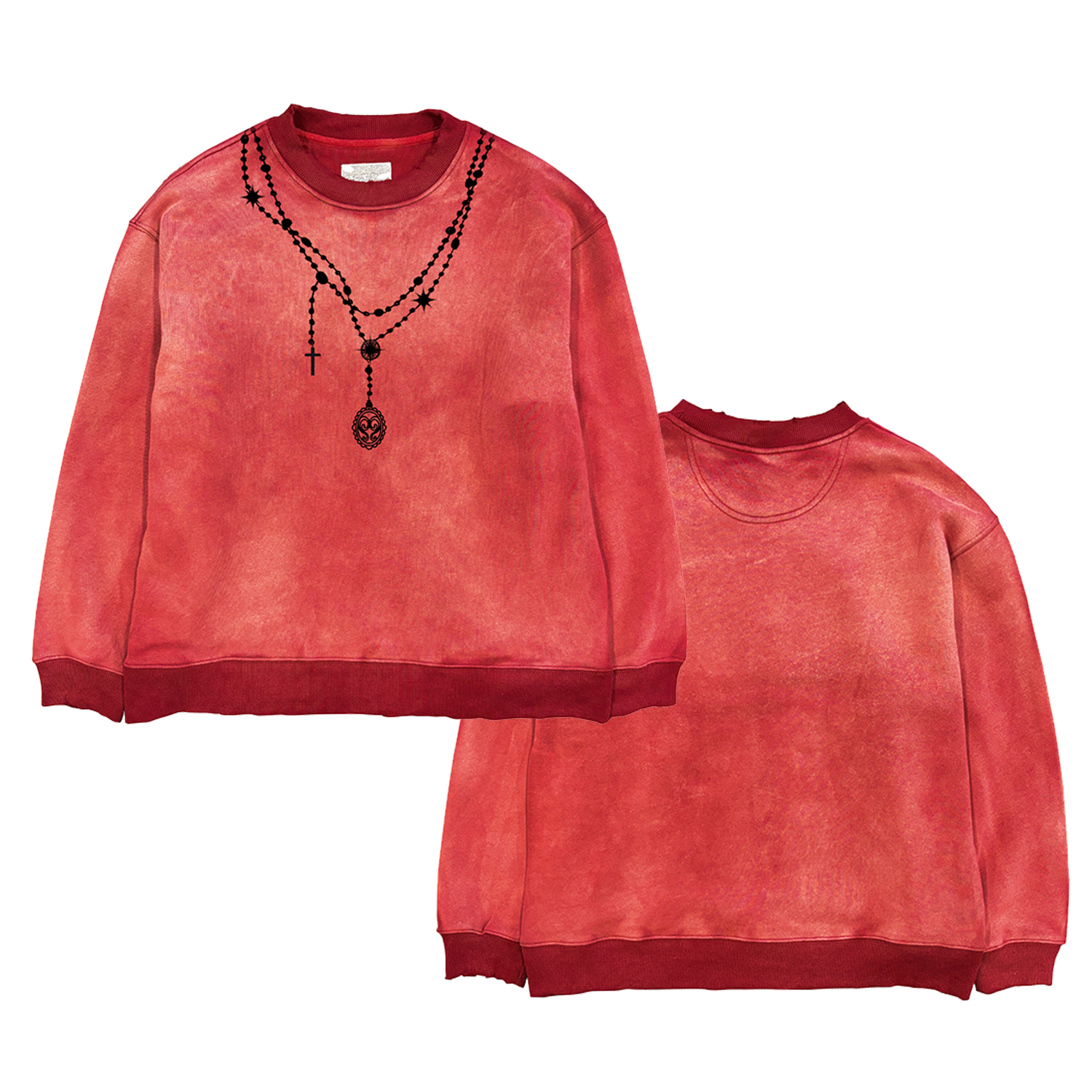 AT荒诞小镇  水洗做旧款项链垃圾摇滚Grunge朋克风穿搭圆领卫衣