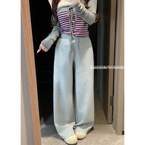 白灰色运动卫裤女2026夏季新款慵懒风高腰垂感显瘦大码胖mm弯刀裤