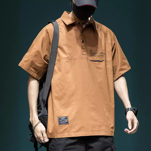 阿美咔叽polo衫男短袖宽松大码美式复古工装衬衫半袖衬衣保罗t恤