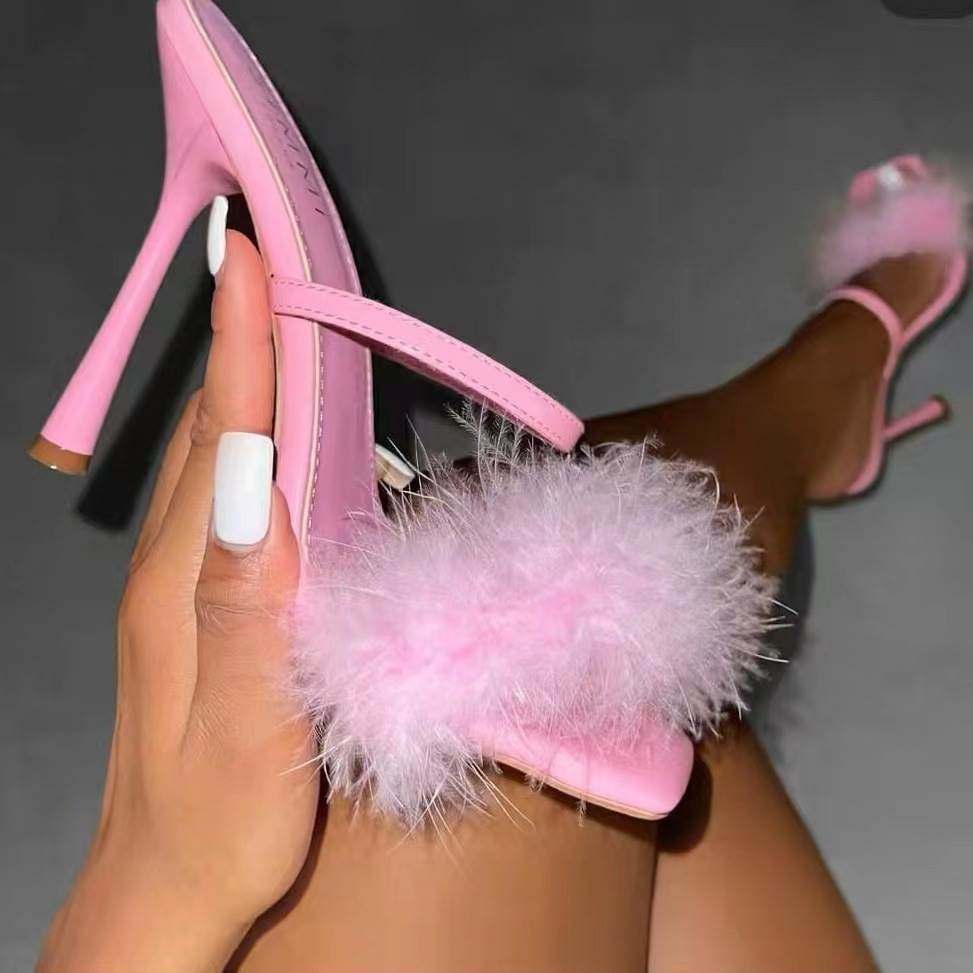 毛毛高跟细凉鞋女鞋fur women high heel sandals beach shoes