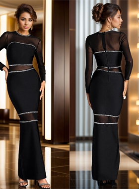Black mesh long dress 欧美性感圆领网纱长袖烫钻拼接长款连衣裙