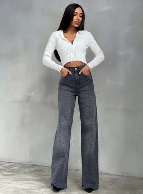 Leopard print casual pants欧美新款豹纹高腰百搭直筒休闲长裤女