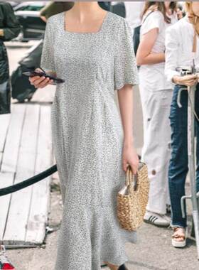 欧洲站大码女装前后方领碎花印花鱼尾泡泡短袖中长款连衣裙DRESSS