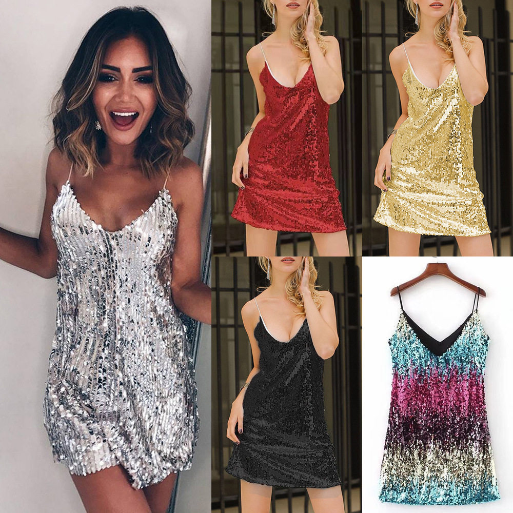 sexy short skirt sequined V-neck camisole short skirt 吊带裙