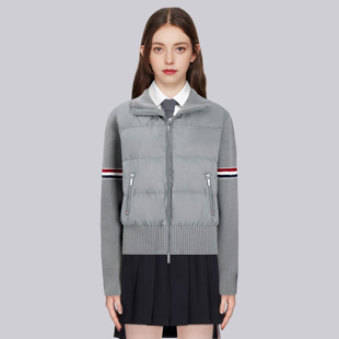 TB拼接针织袖立领羽绒服女冬新款经典三彩条显高显瘦保暖短款外套