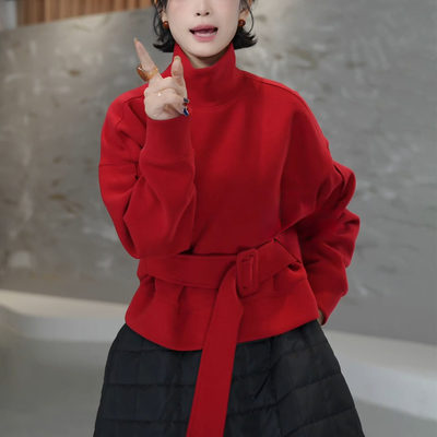 红色高领卫衣女2025秋冬新款时尚高级感减龄宽松收腰系带内搭上衣