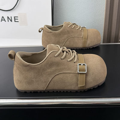 卡皮巴拉磨砂牛皮厚底丑萌面包鞋女2025秋冬新款内增高大头勃肯鞋