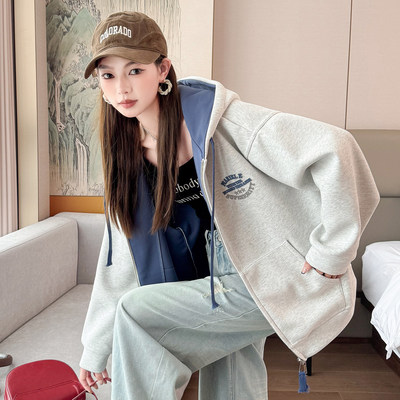 高级感简约字母刺绣连帽宽松灰色卫衣女2025秋季新款拉链开衫外套