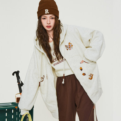 原创高级设计感卡通刺绣连帽宽松灰色卫衣女2025新款拉链开衫外套