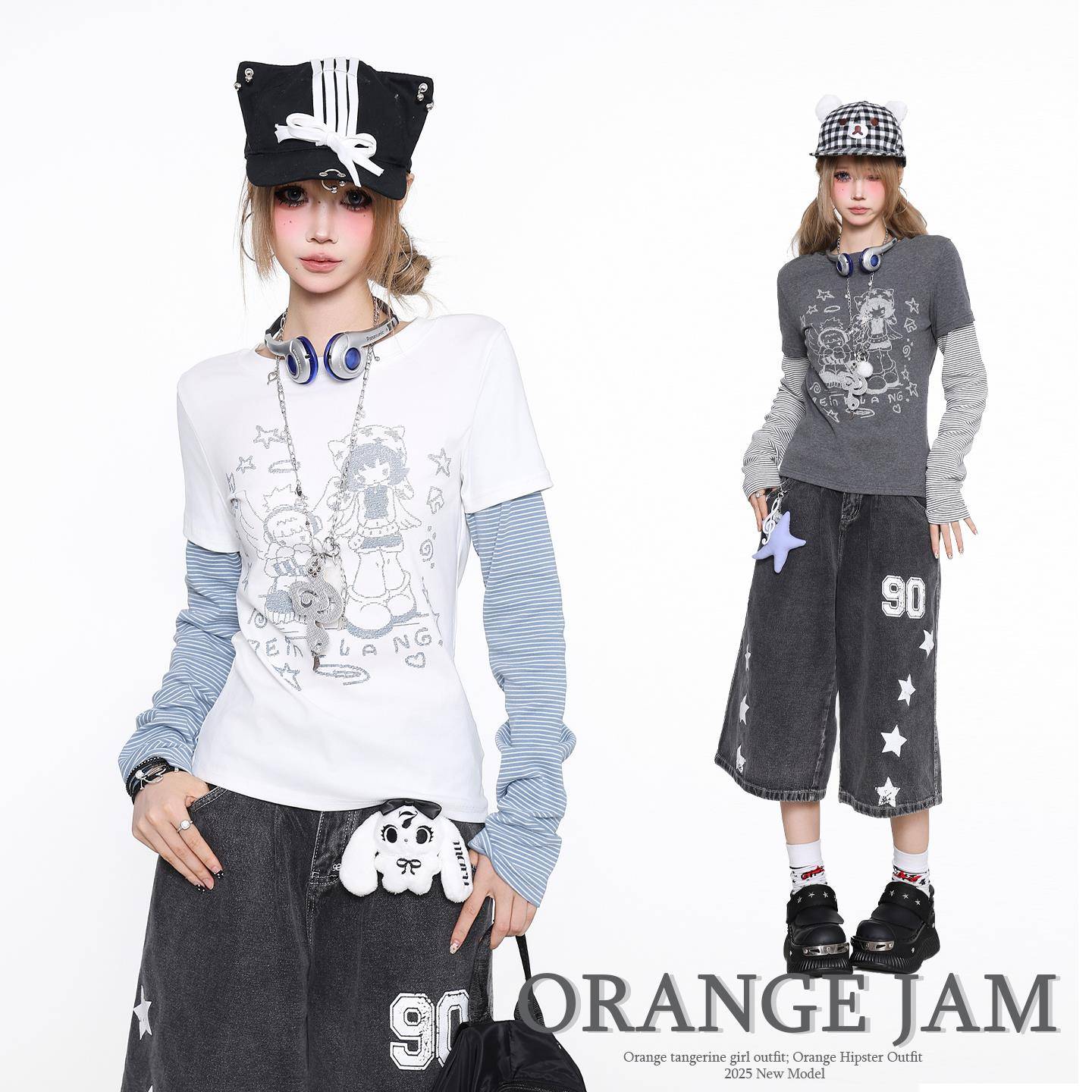 橘子酱YO亚萌感卡通人物图案假两件长袖T恤女早秋显瘦休闲上衣