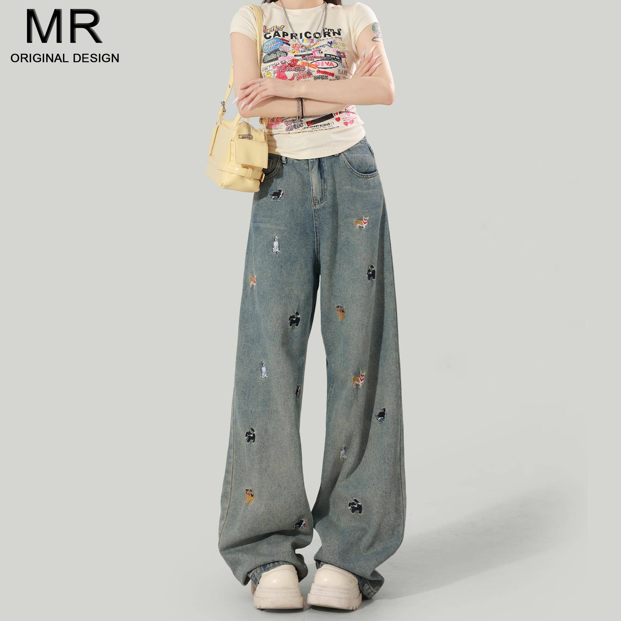 小狗刺绣高腰阔腿牛仔裤女夏季2025新款宽松显瘦垂感直筒拖地长裤
