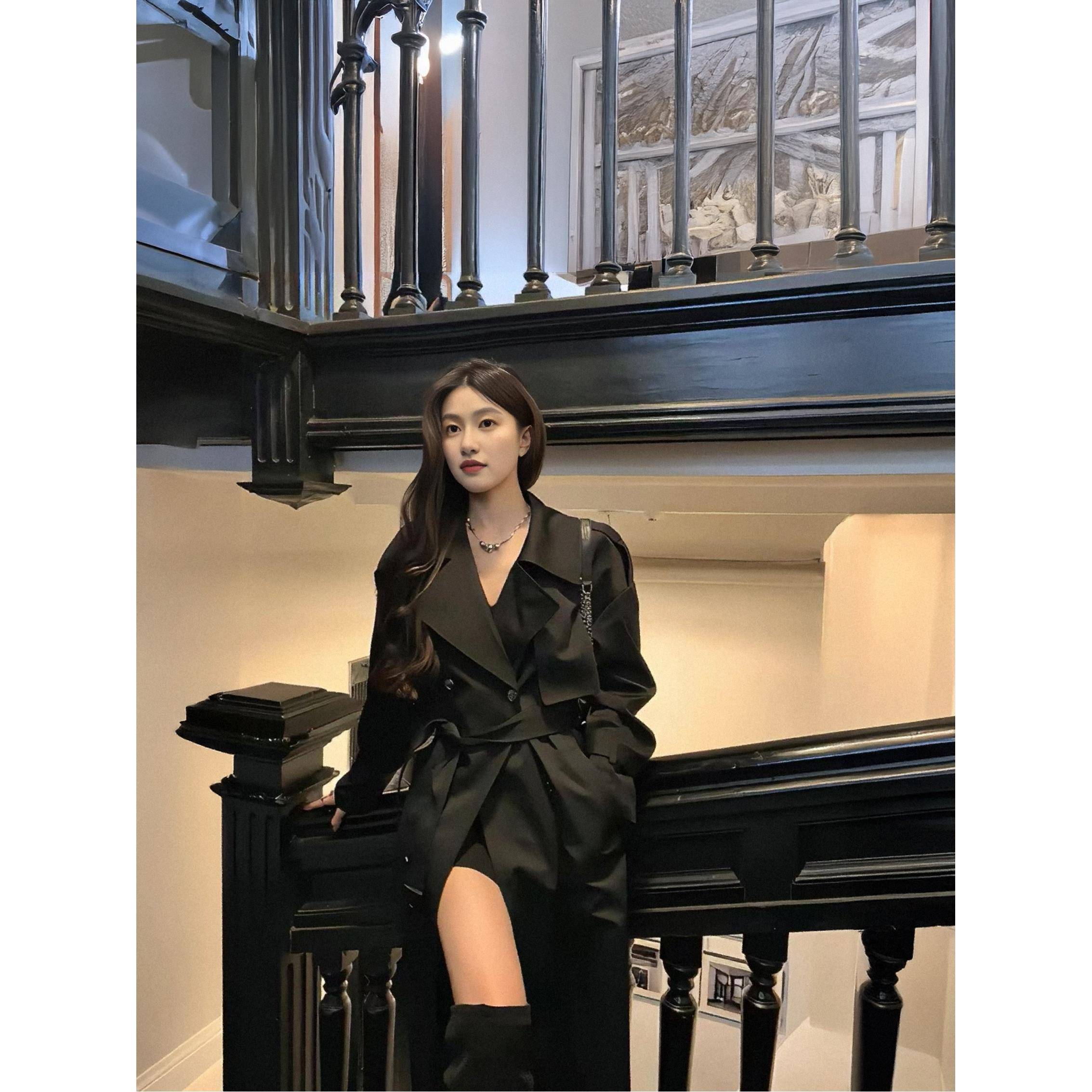 黑色中长款风衣外套女2025早春秋新款英伦风高级感小个子气质大衣
