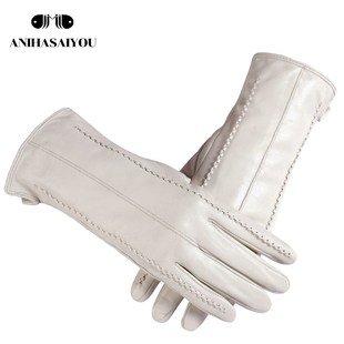 White leather women's gloves, Genuine Leather, cotton