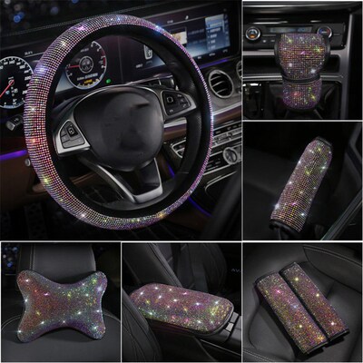 Full Rhinestones Car Steering Wheel Cover Set Diamond Headre