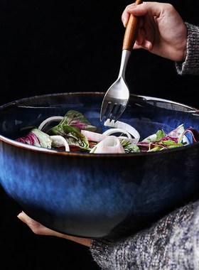 2400ml Super big salad bowl ceramic  blue porcelain  droppin