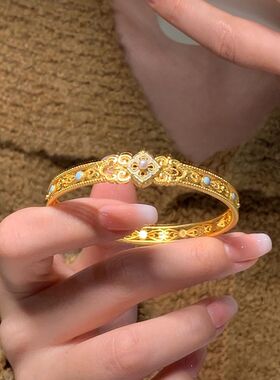 法国capinkofin梦回盛唐!古法金色珐琅手镯女镶嵌仿珍珠宫廷富贵