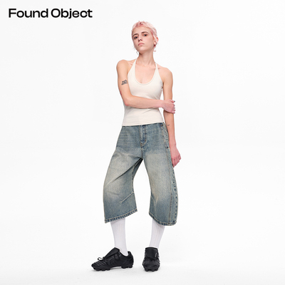 FoundObject弯刀曲线七分牛仔裤