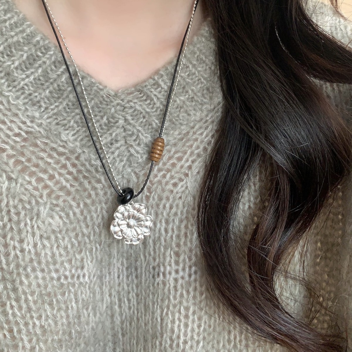 日本品质异彩编绳复古双层花朵天然石项链韩系小众设计感日常长款