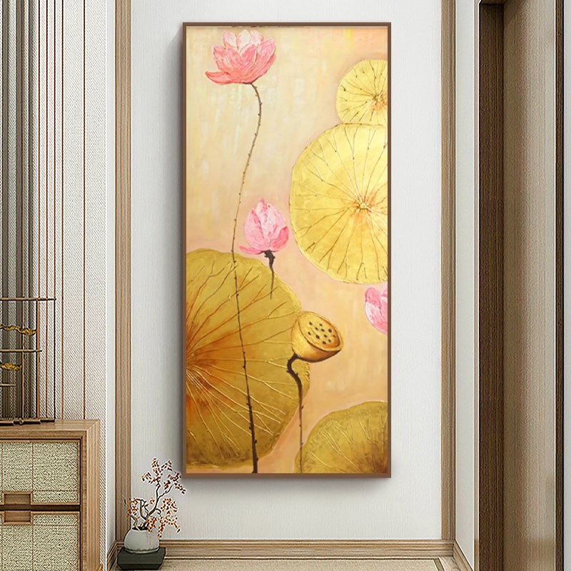 热卖1W+轻奢金箔荷花玄关装饰画手绘油画新中式客厅莲花花卉酒店图片