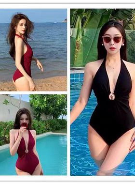 特价女韩游泳衣浆果红黑色特种面料深V简约露背性感连体泳装小胸