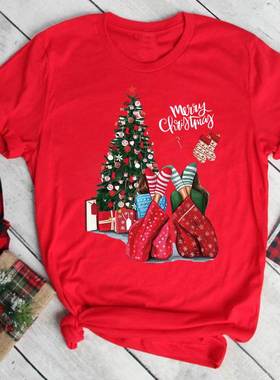Christmas Tree T shirt 圣诞节装扮圣诞树女孩印花闺蜜红色T恤潮